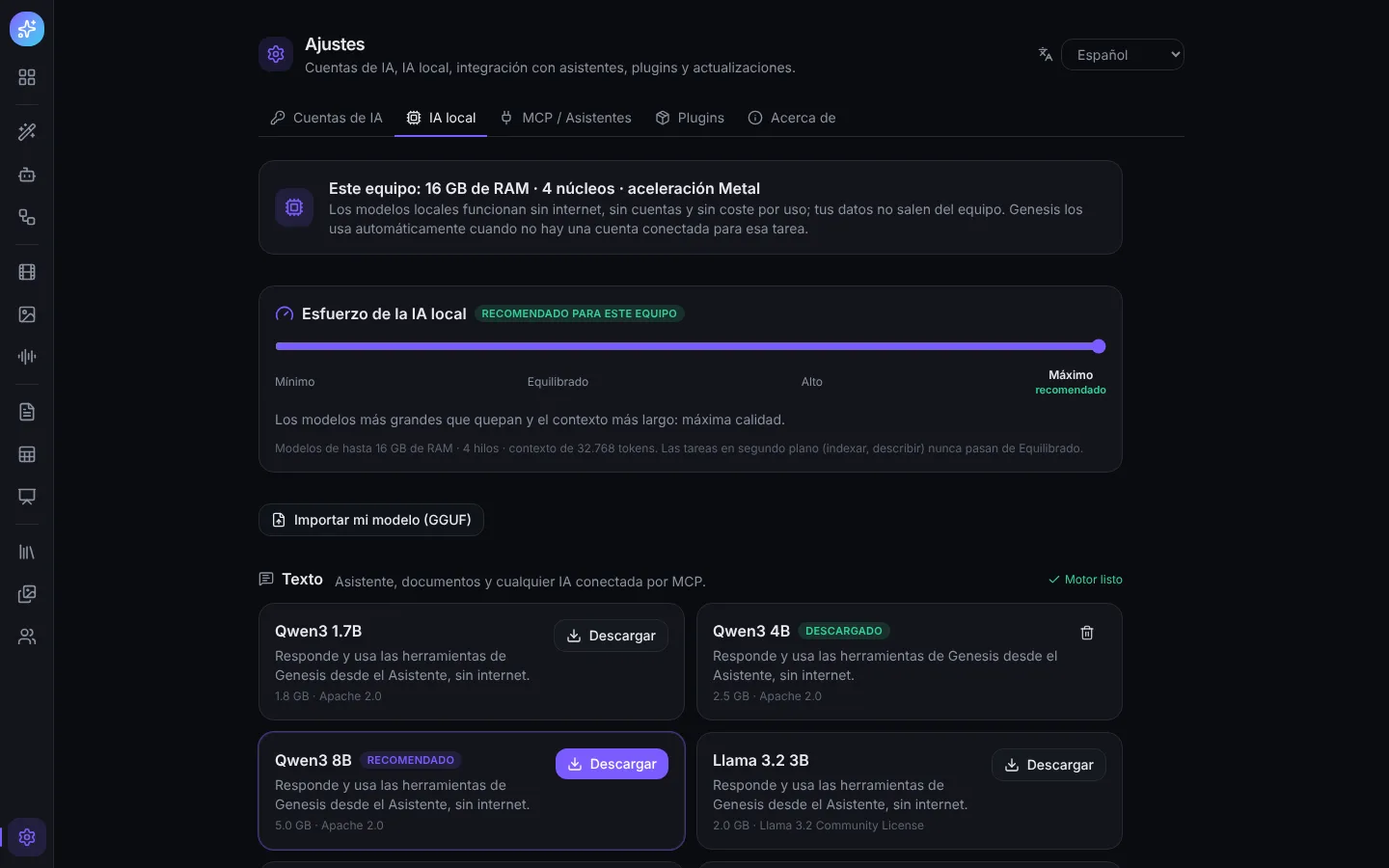 Ajustes de IA local de Genesis